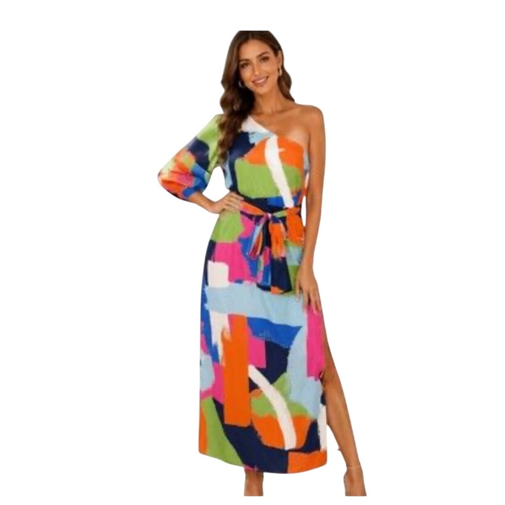 Jade By Melody Tam Brushstroke One Shoulder Maxi Dress Multicolor formal Large